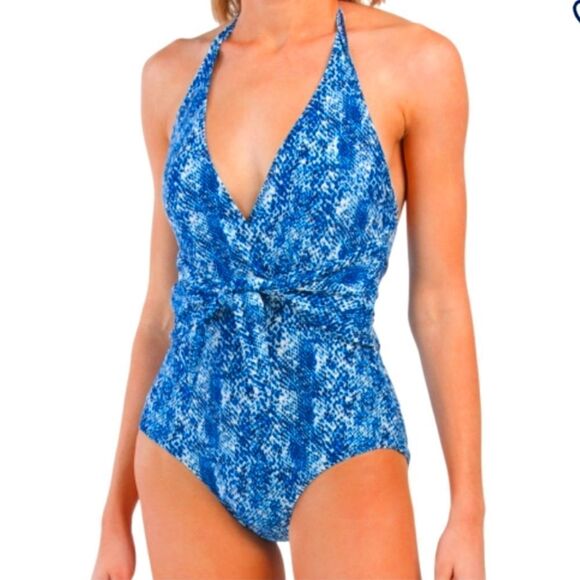 JONES NEW YORK Blue halter Sash Snake print Women's One-piece Swimsuit s… - Picture 1 of 15